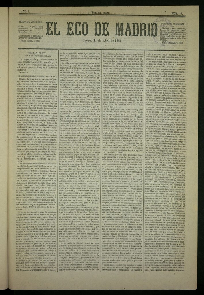 Miniatura de El Eco de Madrid : diario político de la tarde del 21 de abril de 1881, nº 52
