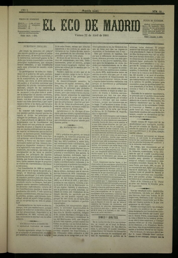 Miniatura de El Eco de Madrid : diario político de la tarde del 22 de abril de 1881, nº 53
