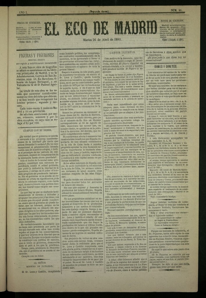 Miniatura de El Eco de Madrid : diario político de la tarde, de 26 de abril de 1881, nº 56