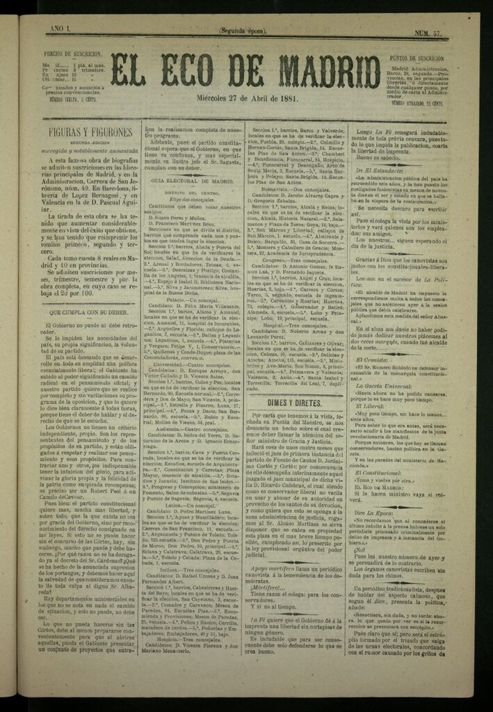 Miniatura de El Eco de Madrid : diario político de la tarde del 27 de abril de 1881, nº 57