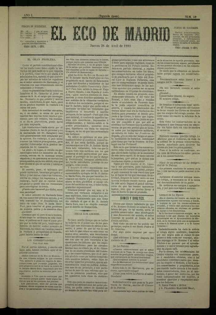 Miniatura de El Eco de Madrid : diario político de la tarde del 28 de abril de 1881, nº 58