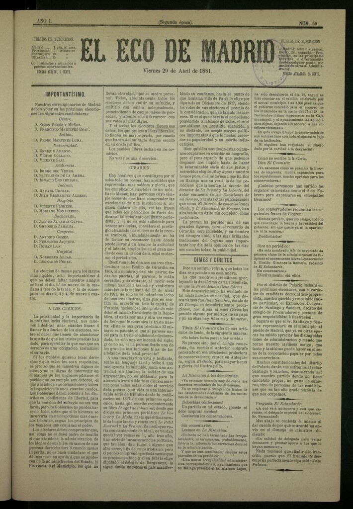 Miniatura de El Eco de Madrid : diario político de la tarde del 29 de abril de 1881, nº 59