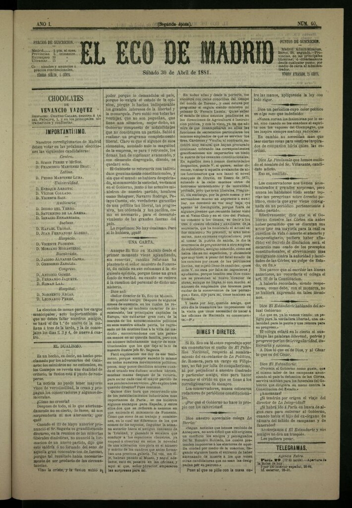 Miniatura de El Eco de Madrid : diario político de la tarde del 30 de abril de 1881, nº 60
