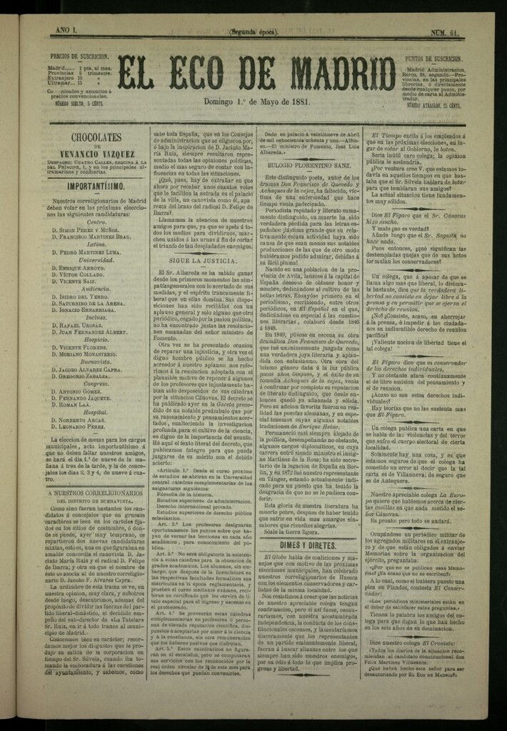 Miniatura de El Eco de Madrid : diario político de la tarde del 1 de mayo de 1881, nº 61