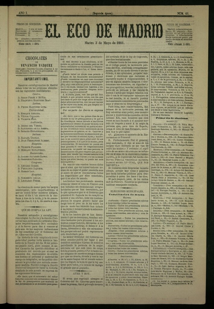 Miniatura de El Eco de Madrid : diario político de la tarde del 3 de mayo de 1881, nº 62
