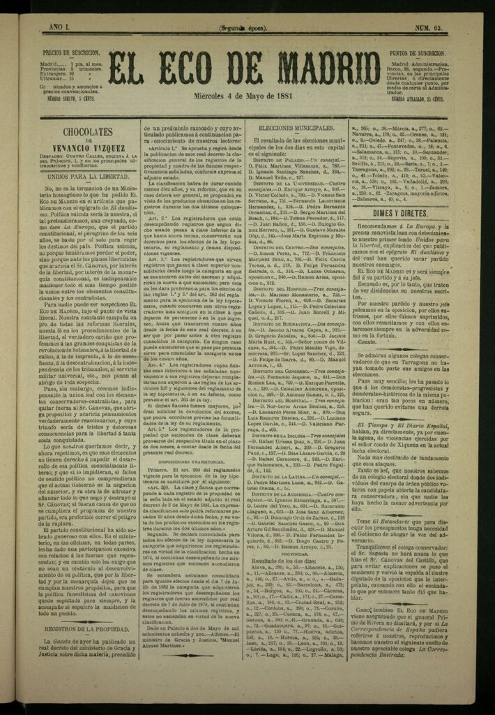 Miniatura de El Eco de Madrid : diario político de la tarde del 4 de mayo de 1881, nº 63