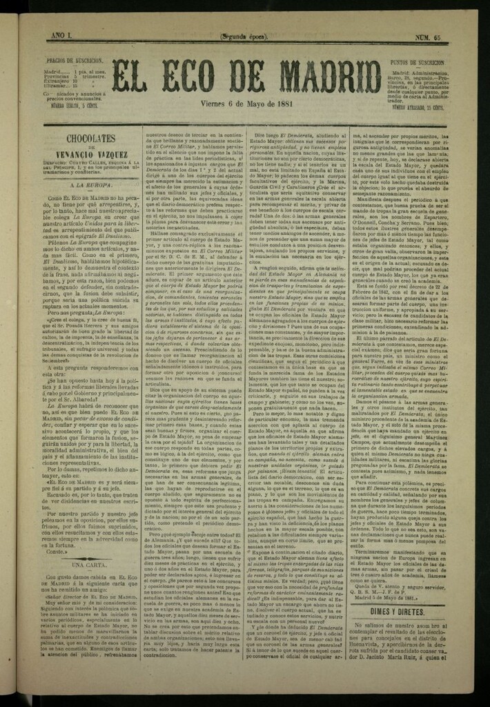 Miniatura de El Eco de Madrid : diario político de la tarde del 6 de mayo de 1881, nº 65