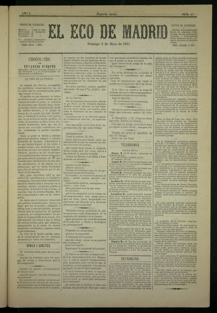 Miniatura de El Eco de Madrid : diario político de la tarde del 8 de mayo de 1881, nº 67