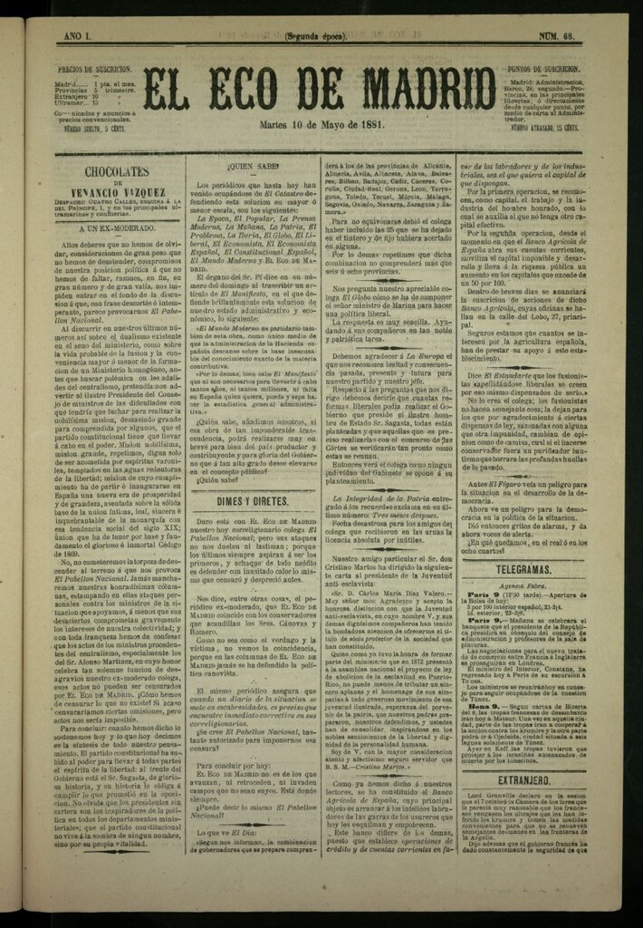 Miniatura de El Eco de Madrid : diario político de la tarde del 10 de mayo de 1881, nº 68