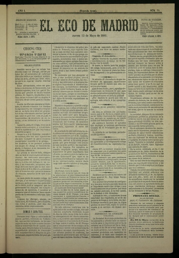 Miniatura de El Eco de Madrid : diario político de la tarde del 12 de mayo de 1881, nº 70