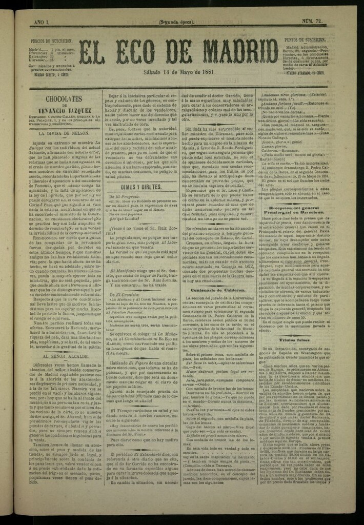 Miniatura de El Eco de Madrid : diario político de la tarde del 14 de mayo de 1881,n º 72