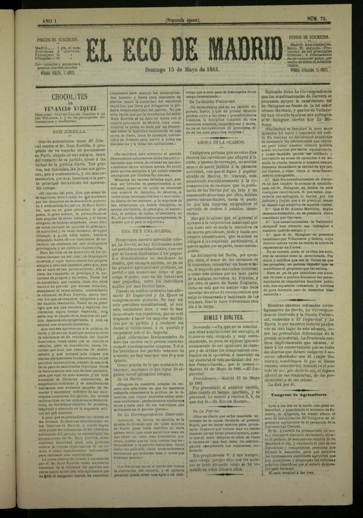 Miniatura de El Eco de Madrid : diario político de la tarde del 15 de mayo de 1881, nº 73