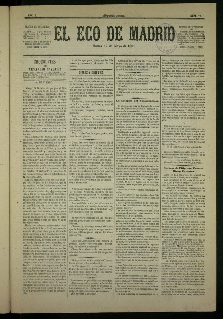 Miniatura de El Eco de Madrid : diario político de la tarde del 17 de mayo de 1881, nº74