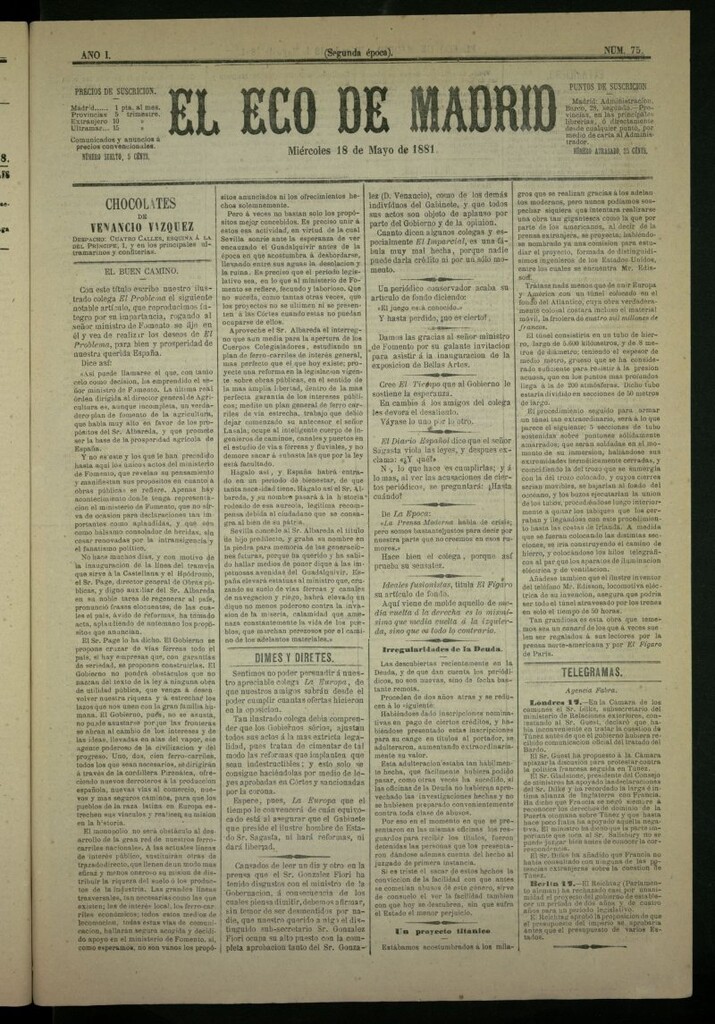 Miniatura de El Eco de Madrid : diario político de la tarde del 18 de mayo de 1881, nº 75