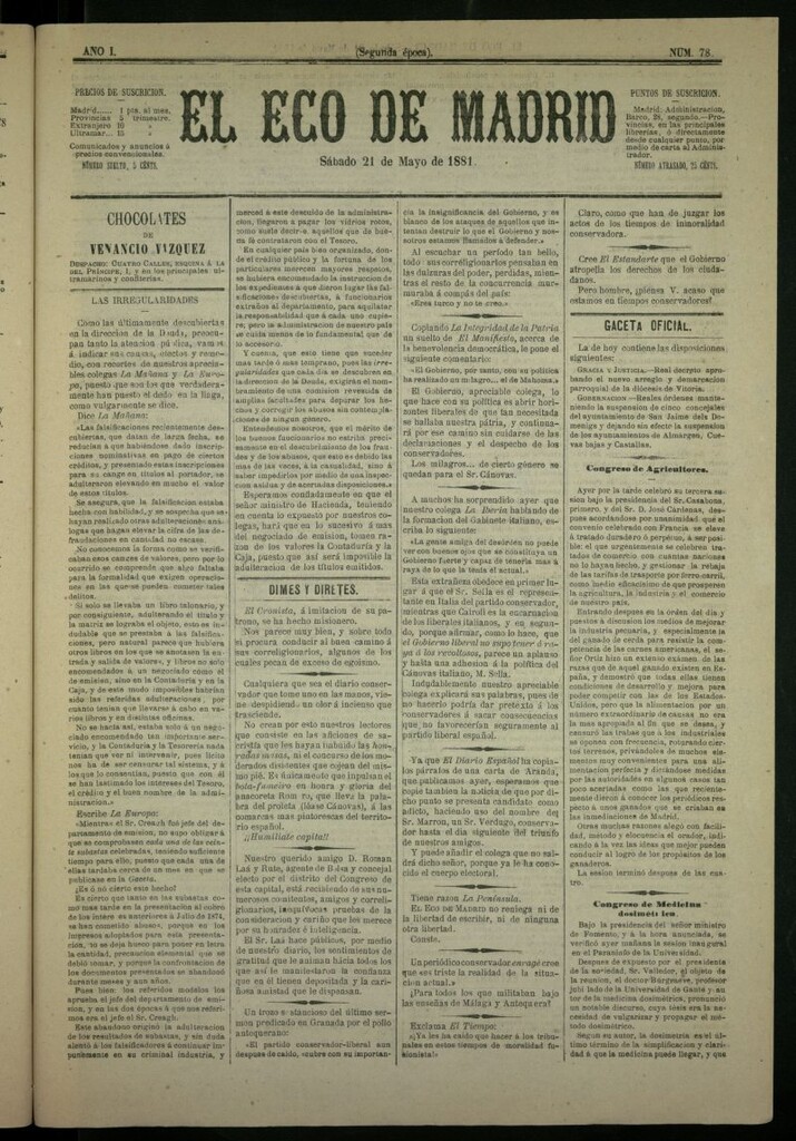 Miniatura de El Eco de Madrid : diario político de la tarde del 21 de mayo de 1881, nº 78