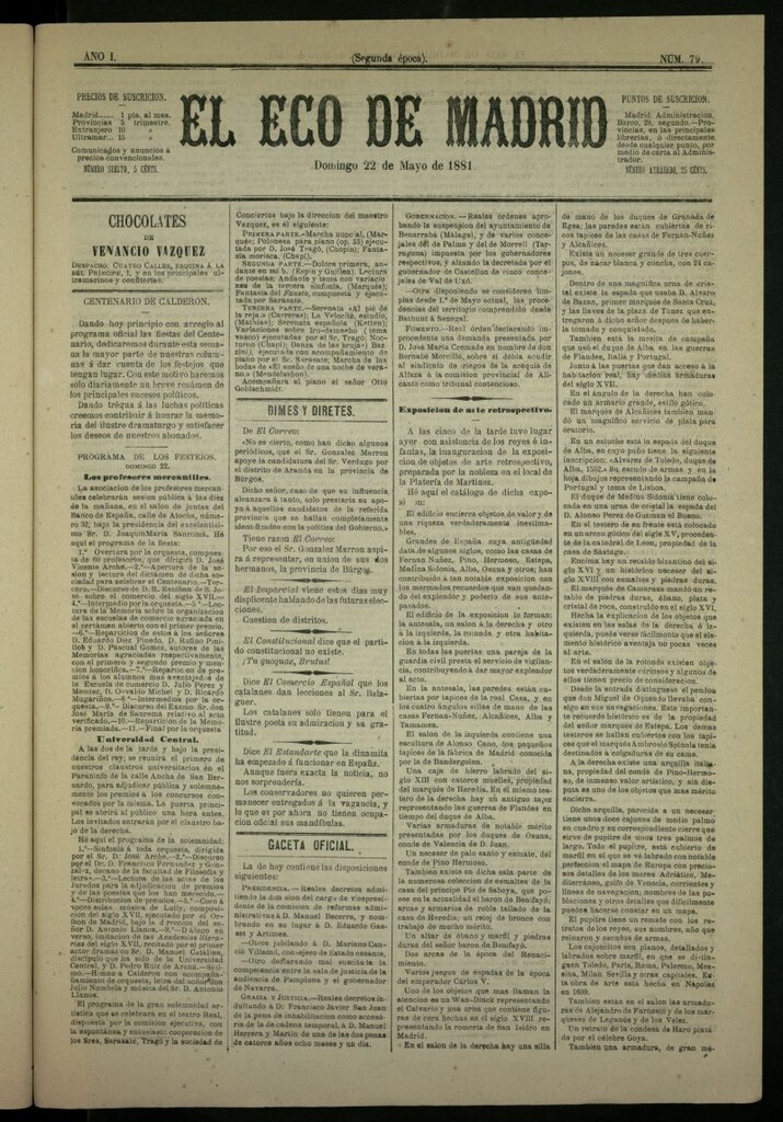 Miniatura de El Eco de Madrid : diario político de la tarde del 22 de mayo de 1881, nº 79