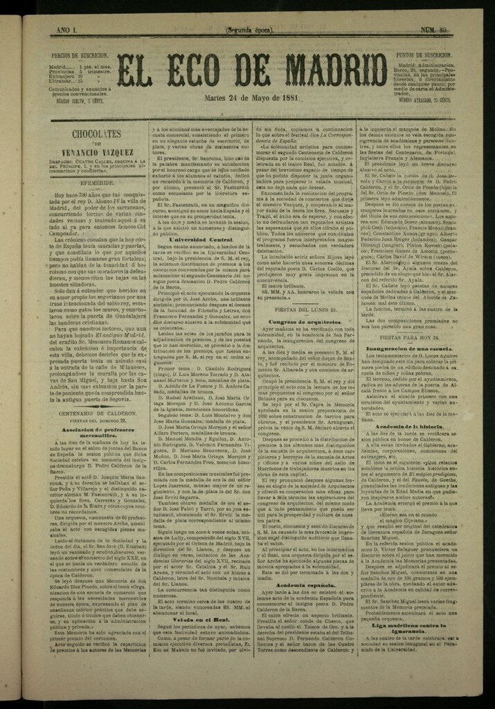 Miniatura de El Eco de Madrid : diario político de la tarde del 24 de mayo de 1881, nº 80