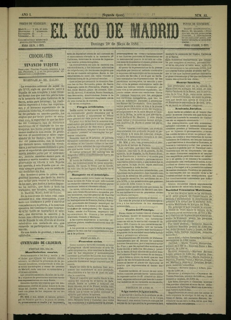 Miniatura de El Eco de Madrid : diario político de la tarde del 29 de mayo de 1881, nº 83