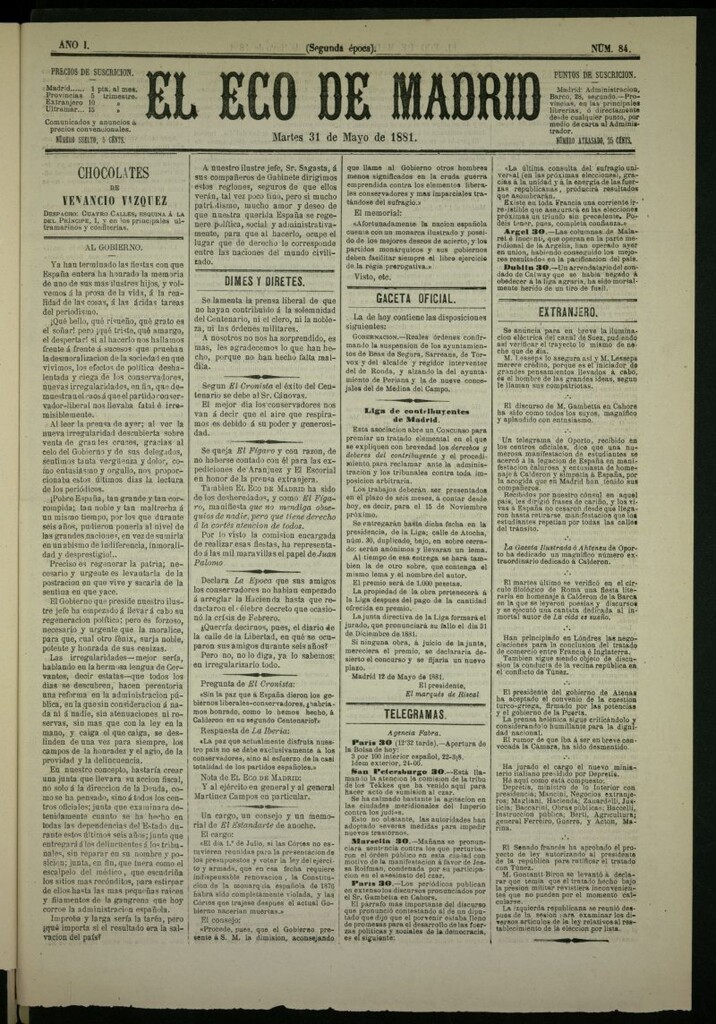Miniatura de El Eco de Madrid : diario político de la tarde del 31 de mayo de 1881, nº 84