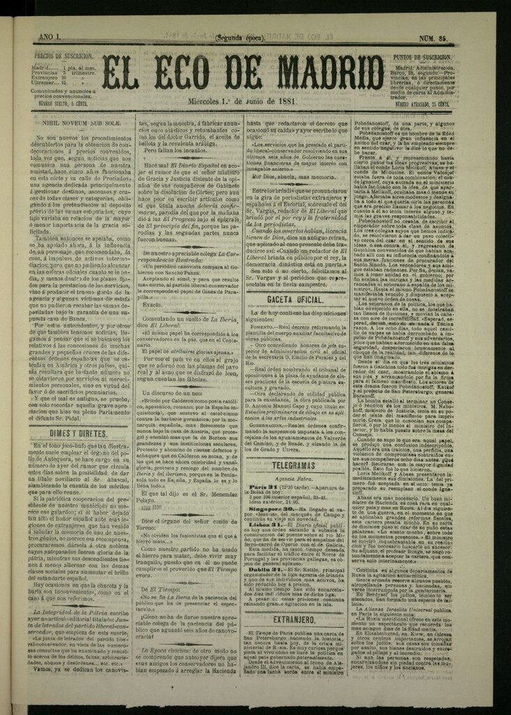 Miniatura de El Eco de Madrid : diario político de la tarde del 1 de junio de 1881, nº 85
