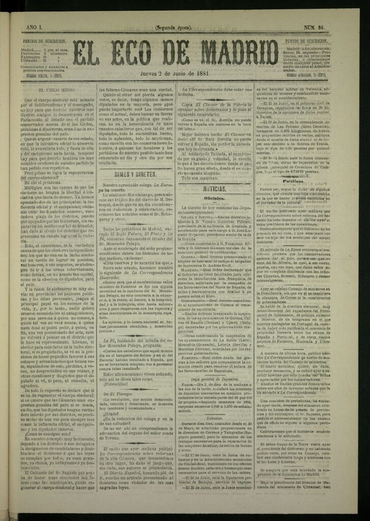 Miniatura de El Eco de Madrid : diario político de la tarde del 2 de junio de 1881, nº 86