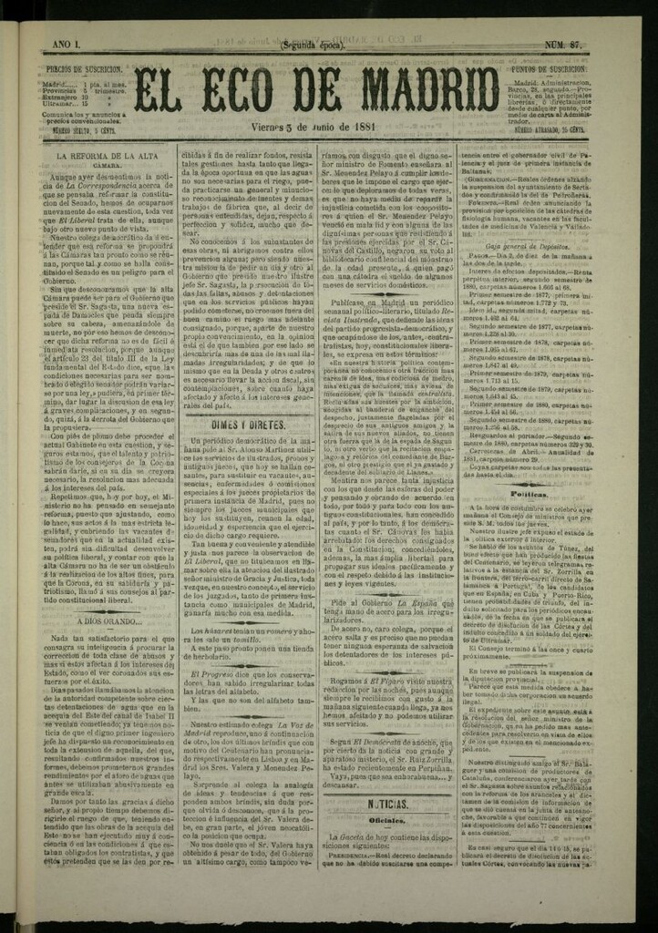 Miniatura de El Eco de Madrid : diario político de la tarde del 3 de junio de 1881, nº 87