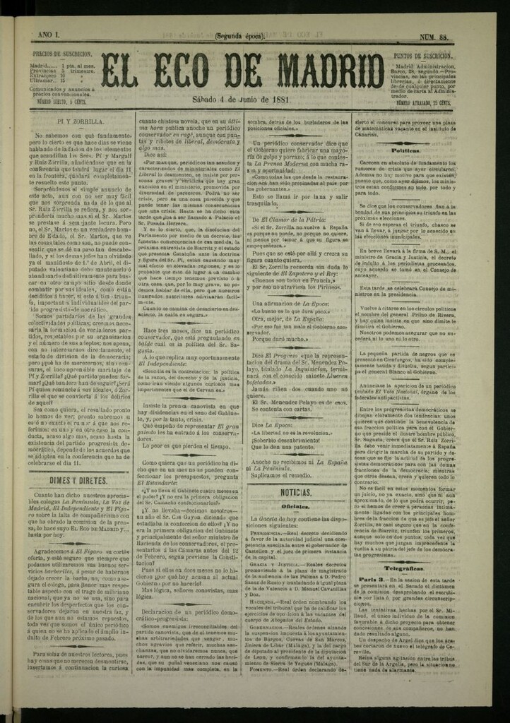 Miniatura de El Eco de Madrid : diario político de la tarde del 4 de junio de 1881, nº 88