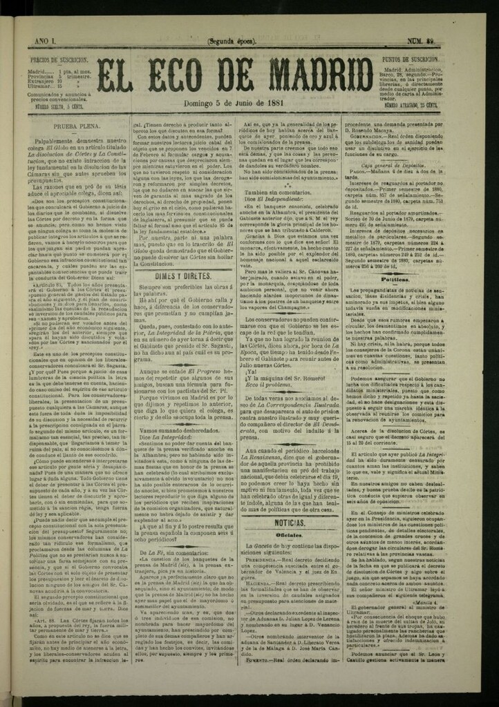 Miniatura de El Eco de Madrid : diario político de la tarde del 5 de junio de 1881, nº 89