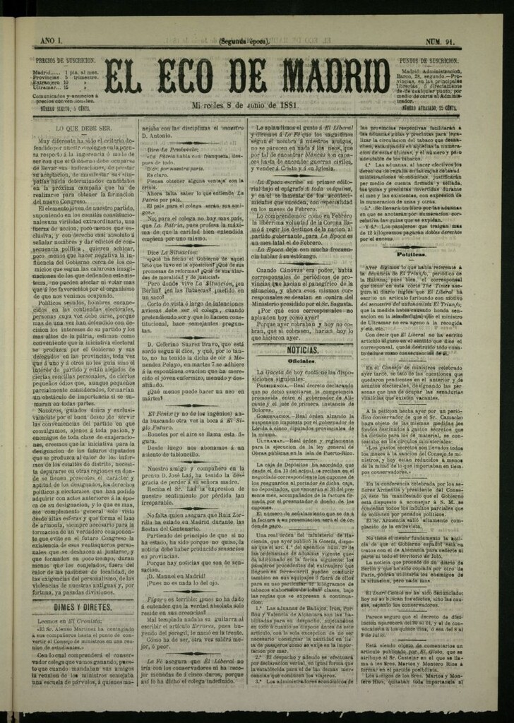 Miniatura de El Eco de Madrid : diario político de la tarde del 8 de junio de 1881, nº 91