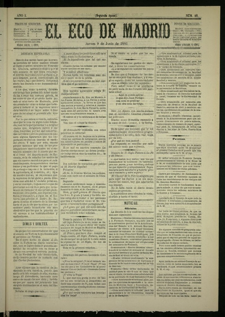 Miniatura de El Eco de Madrid : diario político de la tarde del 9 de junio de 1881, nº 92