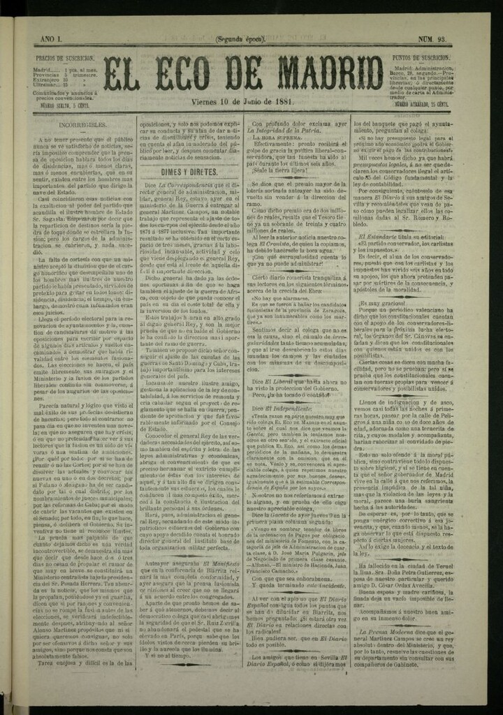 Miniatura de El Eco de Madrid : diario político de la tarde del 10 de junio de 1881, nº 93