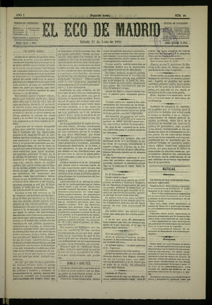 Miniatura de El Eco de Madrid : diario político de la tarde del 11 de junio de 1881, nº 94