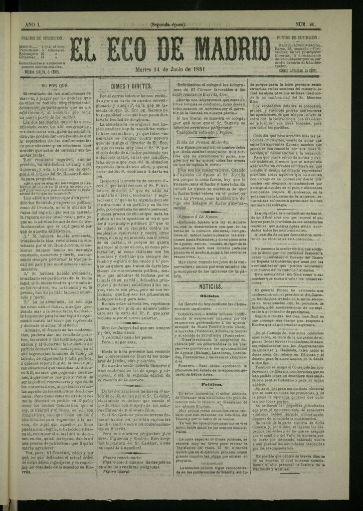 Miniatura de El Eco de Madrid : diario político de la tarde del 14 de junio de 1881, nº 96
