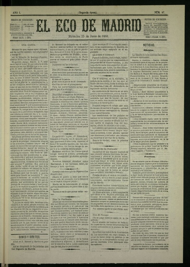 Miniatura de El Eco de Madrid : diario político de la tarde del 15 de junio de 1881, nº 97