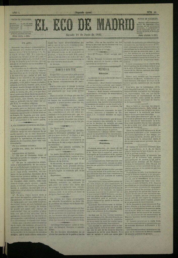 Miniatura de El Eco de Madrid : diario político de la tarde del 18 de junio de 1881, nº 99