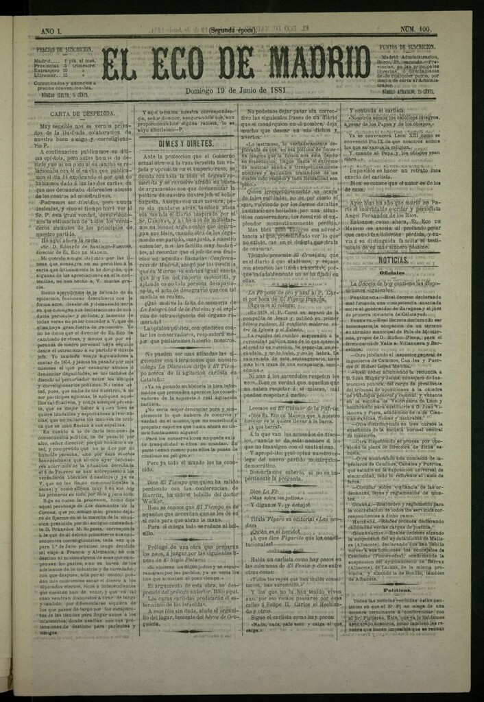 Miniatura de El Eco de Madrid : diario político de la tarde del 19 de junio de 1881, nº 100