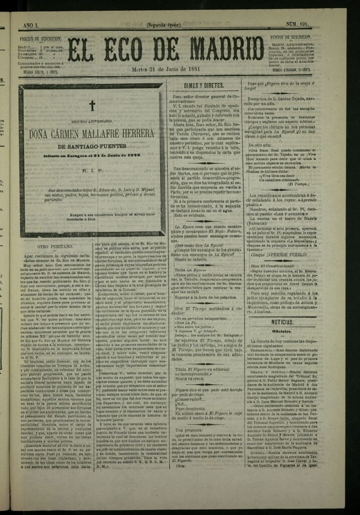 Miniatura de El Eco de Madrid : diario político de la tarde del 21 de junio de 1881, nº 101