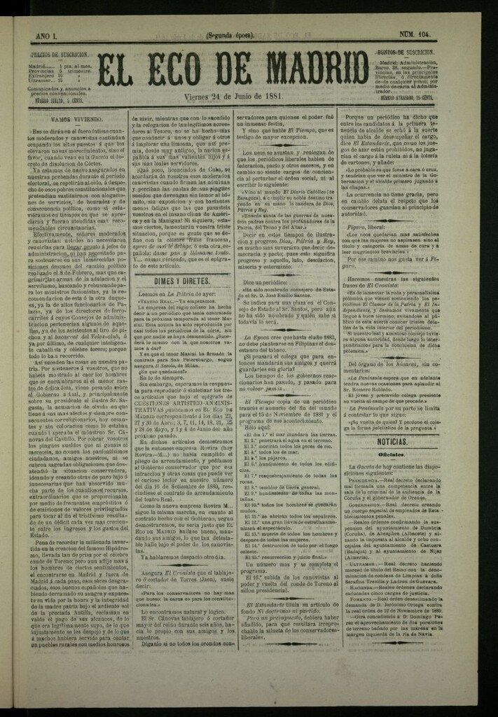 Miniatura de El Eco de Madrid : diario político de la tarde del 24 de junio de 1881, nº 104
