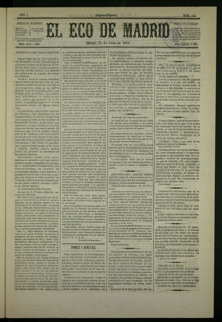 Miniatura de El Eco de Madrid : diario político de la tarde del 25 de junio de 1881, nº 105