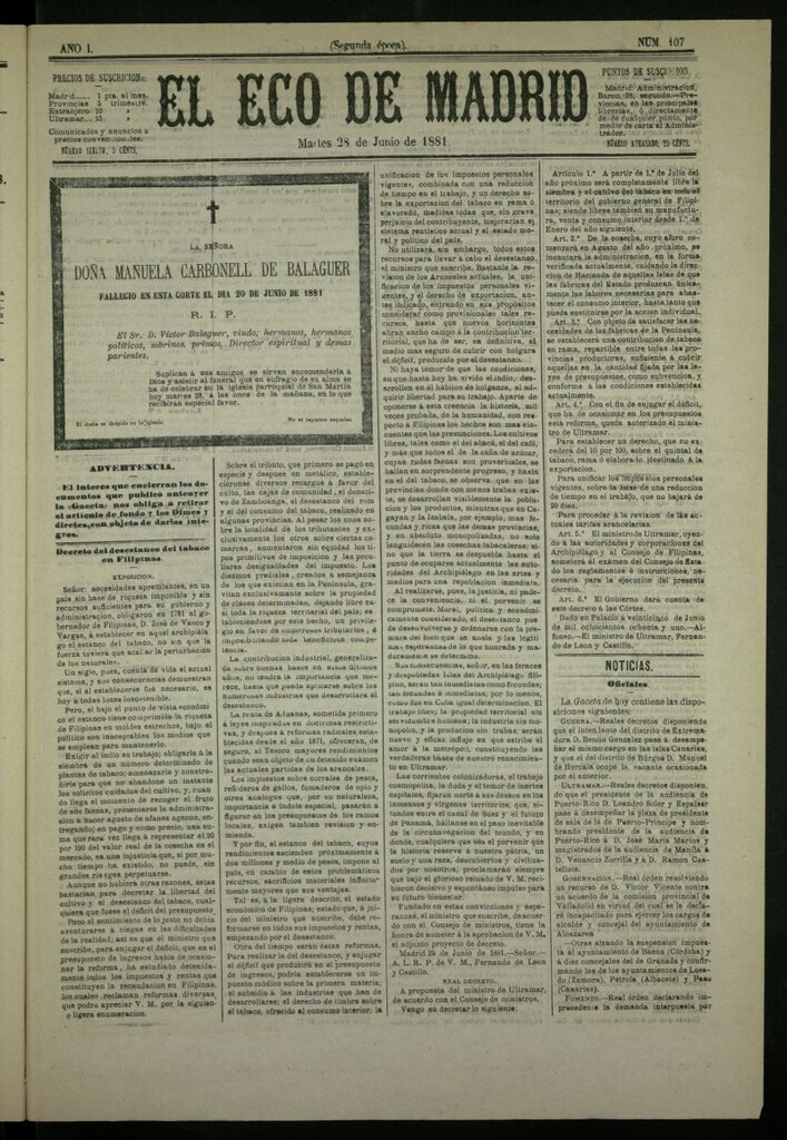 Miniatura de El Eco de Madrid : diario político de la tarde del 28 de junio de 1881, nº 107
