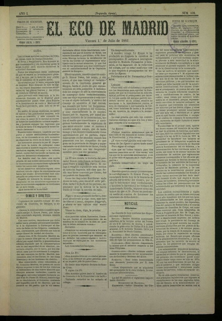 Miniatura de El Eco de Madrid : diario político de la tarde del 1 de julio de 1881, nº 109