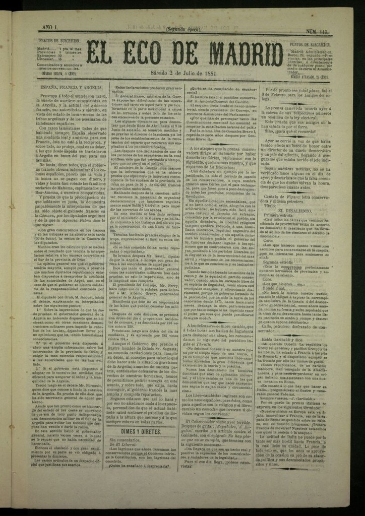 Miniatura de El Eco de Madrid : diario político de la tarde del 2 de julio de 1881, nº 110