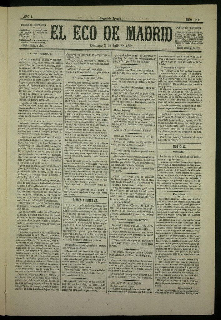 Miniatura de El Eco de Madrid : diario político de la tarde del 3 de julio de 1881, nº 111