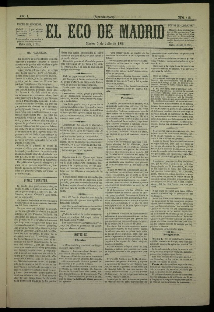 Miniatura de El Eco de Madrid : diario político de la tarde del 5 de julio de 1881, nº 112