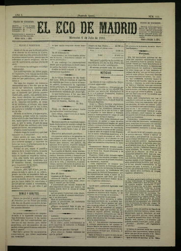 Miniatura de El Eco de Madrid : diario político de la tarde del 6 de julio de 1881, nº 113