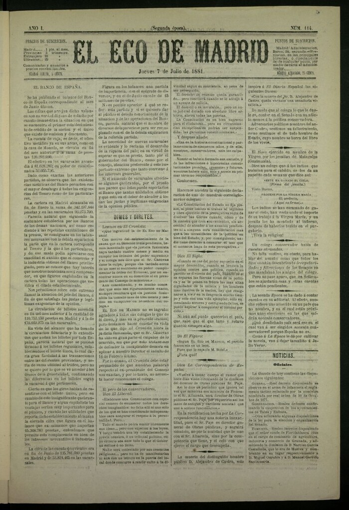 Miniatura de El Eco de Madrid : diario político de la tarde del 7 de julio de 1881, nº 114