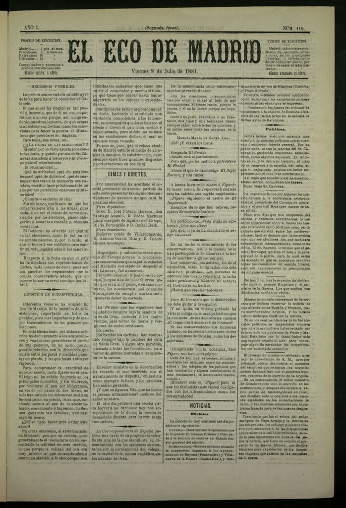 Miniatura de El Eco de Madrid : diario político de la tarde del 8 de julio de 1881, nº 115