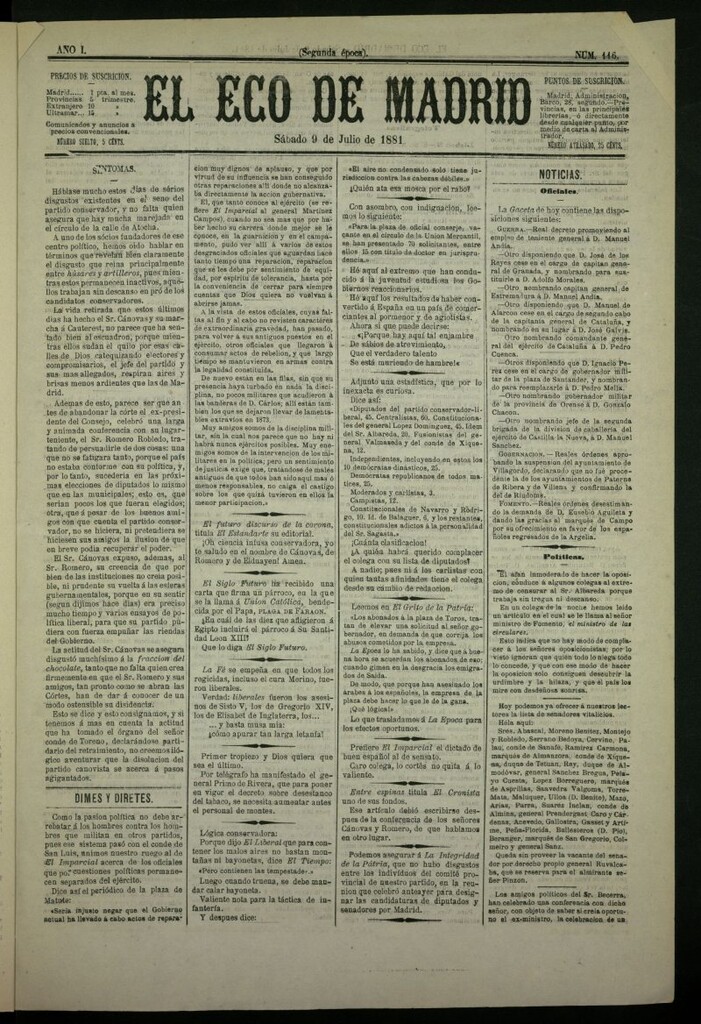 Miniatura de El Eco de Madrid : diario político de la tarde del 9 de julio de 1881, nº 116