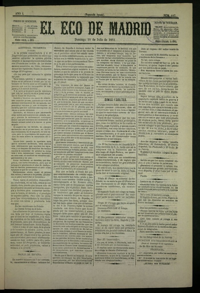 Miniatura de El Eco de Madrid : diario político de la tarde del 10 de julio de 1881, nº 117