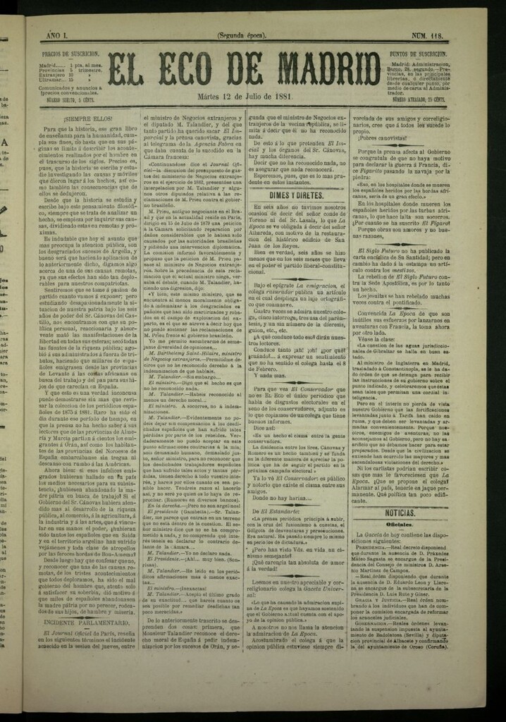 Miniatura de El Eco de Madrid : diario político de la tarde del 12 de julio de 1881, nº 118